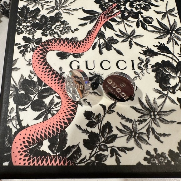 GUCCI earrings logo trademark stud sterling silver ITALY round box pouch post - Picture 7 of 9